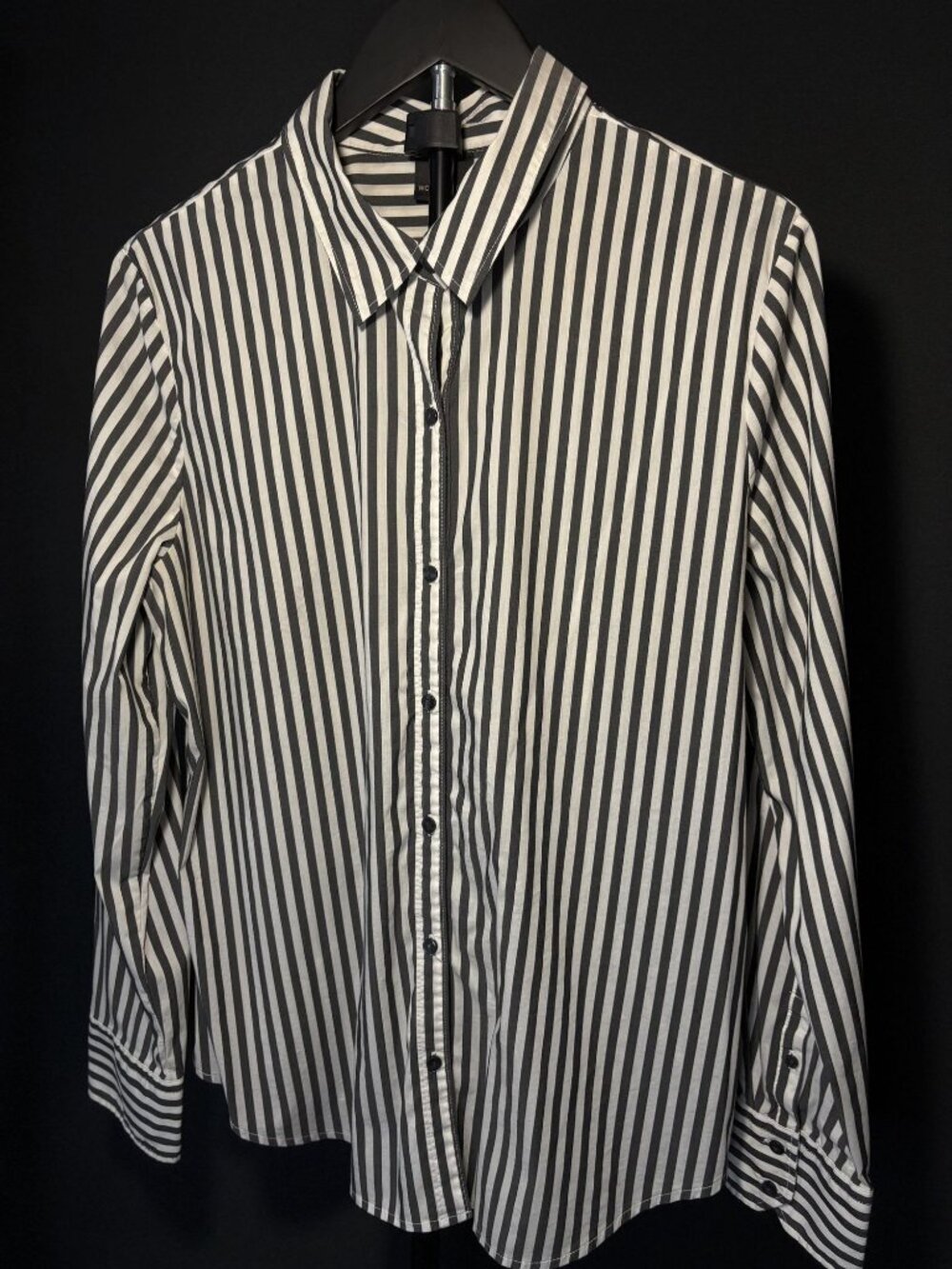 Worthington Button Up Collared Cuffed Long Sleeve Shirt Black White Striped (L) - Picture 3 of 16